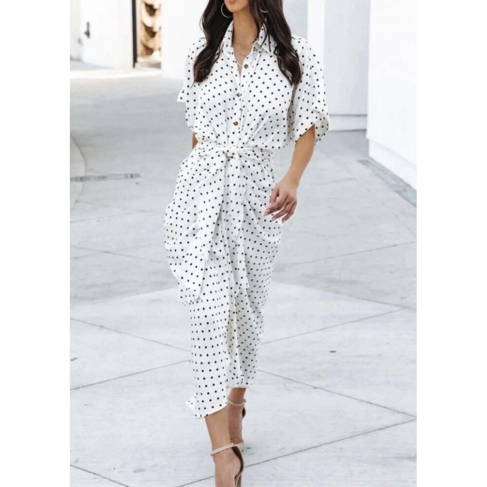 VICI Midi Shirt Dress Black White Polka-dot Print Gathered Front Draping Size S